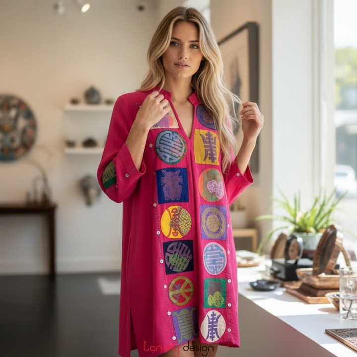 Váy ngắn, đắp vải, triện, thêu tay hồng